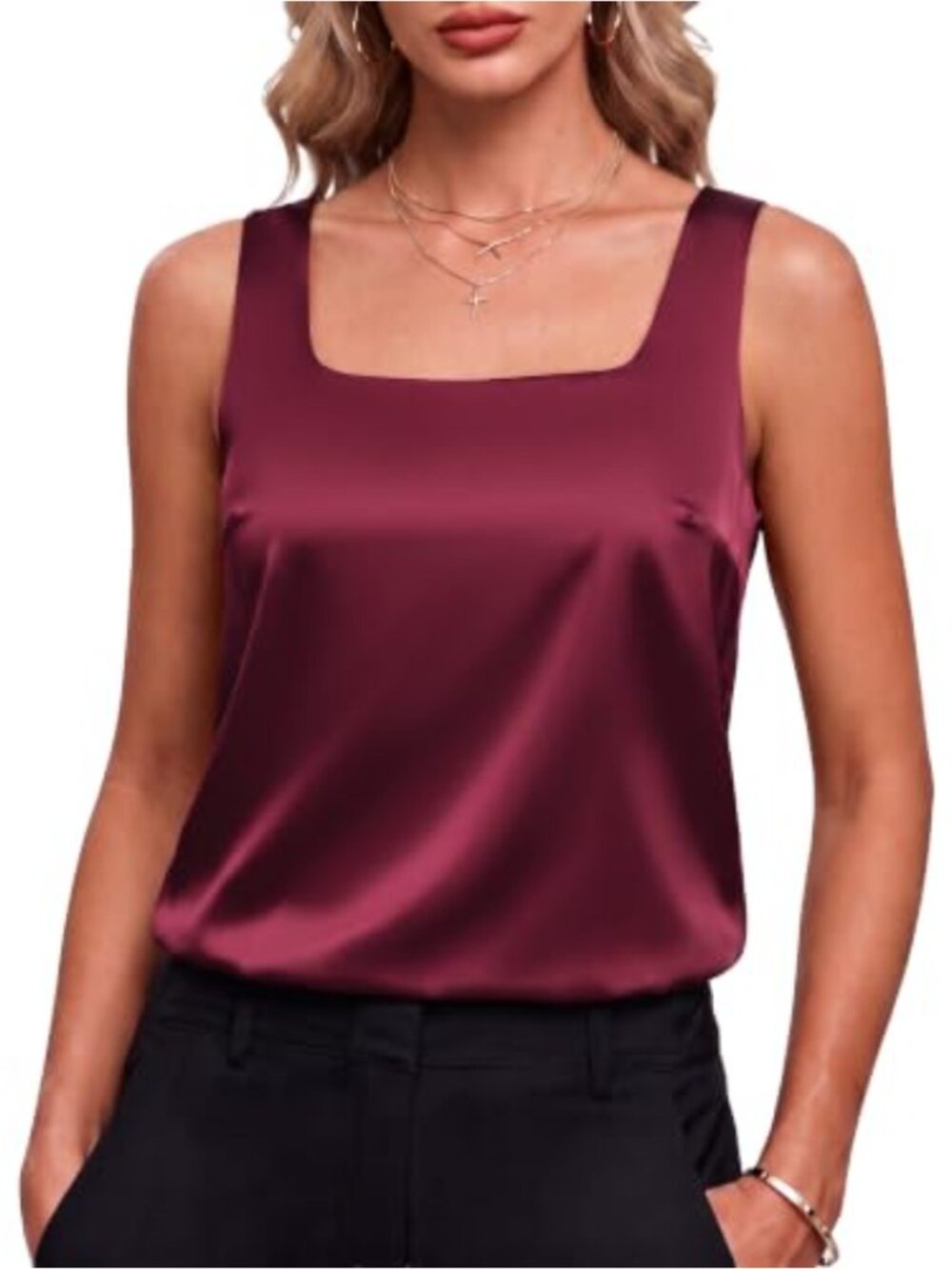 Lined Satin Tank Top Square Neck Camisole Sleek Layering Women's